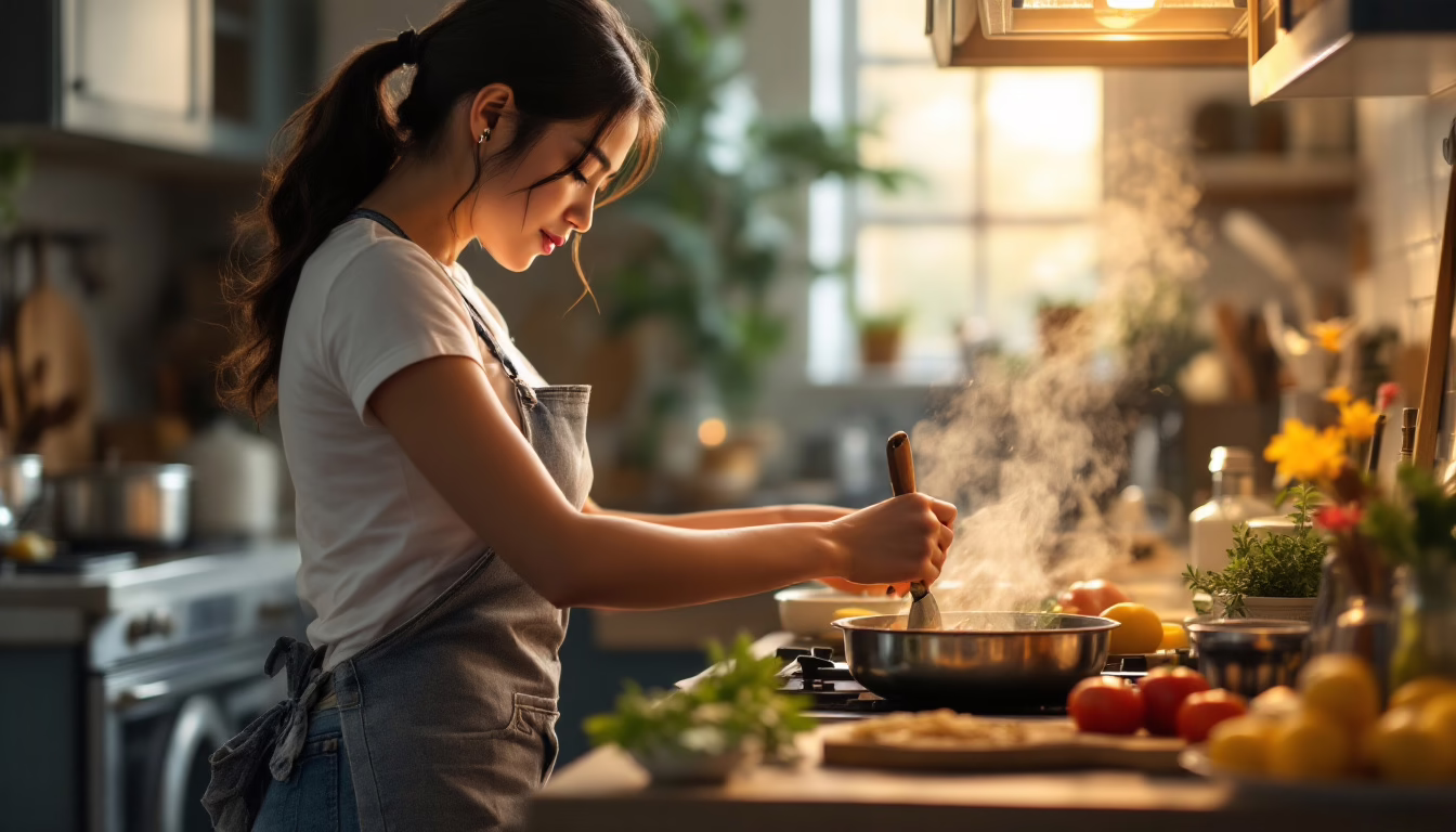 Lumina Liu cooking in the kitchen