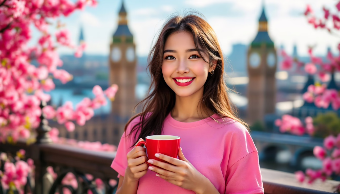 Lumina Liu in pink t-shirt in London