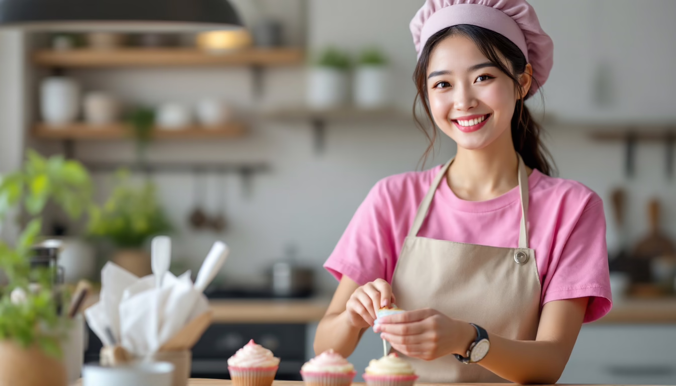 Lumina Liu in the kitchen in pink