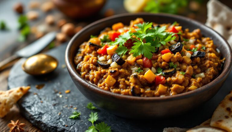 Hearty lentil curry garnished with fresh herbs, showcasing vibrant veggies in a rustic bowl, perfect for a wholesome meal.