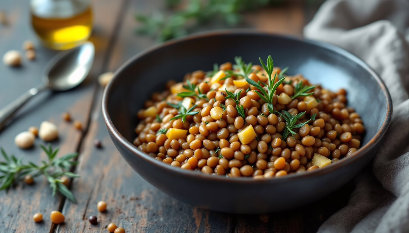 Warm bowl of lentils garnished with rosemary and diced vegetables, showcasing a wholesome and nutritious plant-based meal.