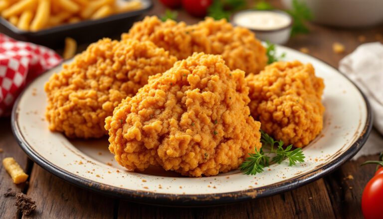 Crispy golden fried chicken pieces served on a white plate, perfect for a hearty meal alongside fries and dipping sauce.