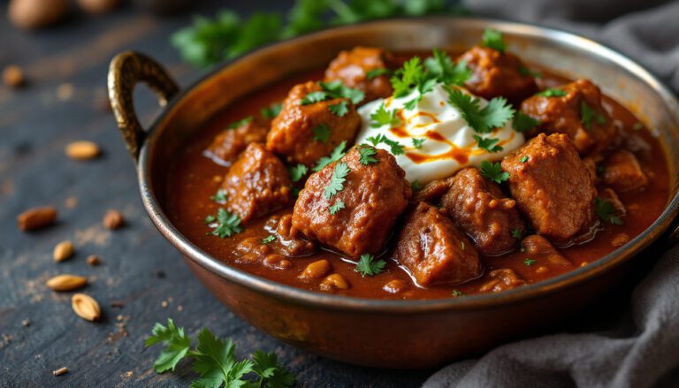 Tender chunks of meat simmered in rich, spiced gravy, garnished with cilantro and a dollop of yogurt, served in a traditional bowl.