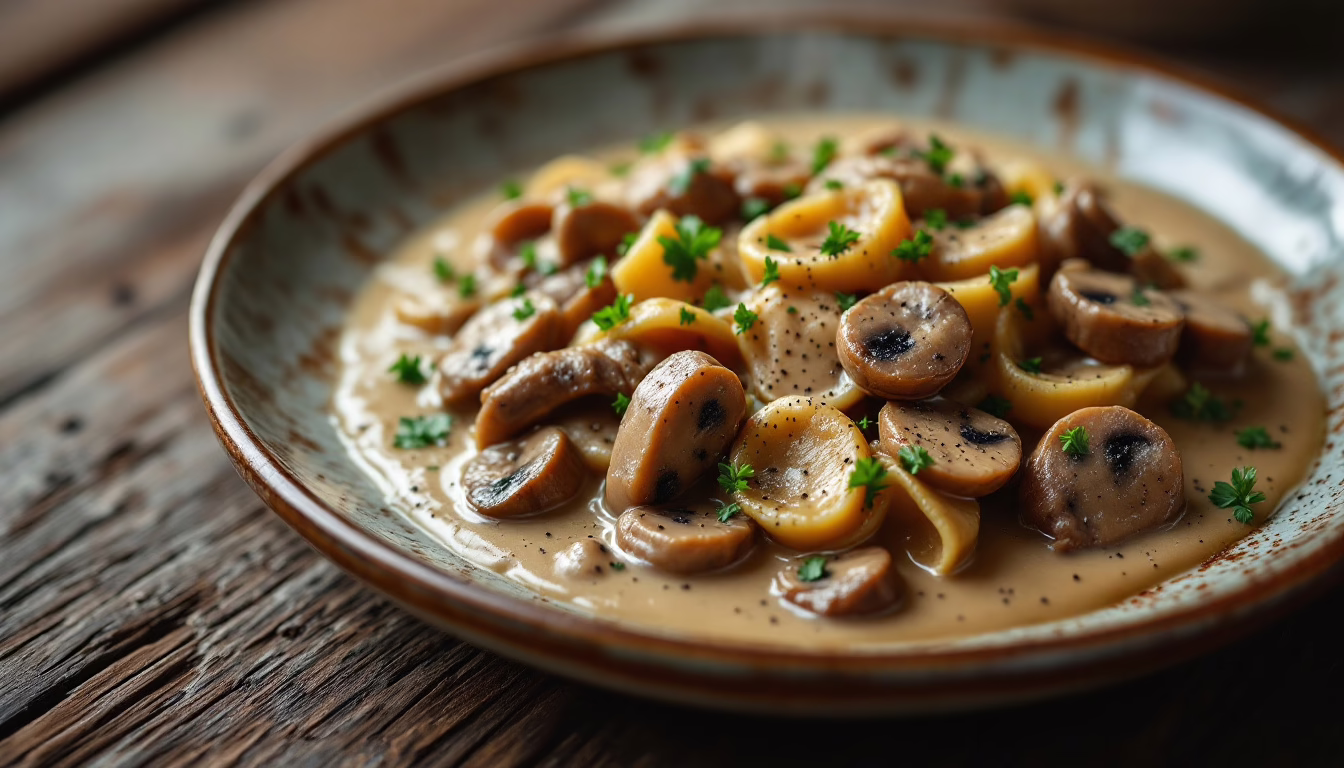 Creamy pasta dish with mushrooms and herbs, ideal for comforting meals or gourmet dining experiences.