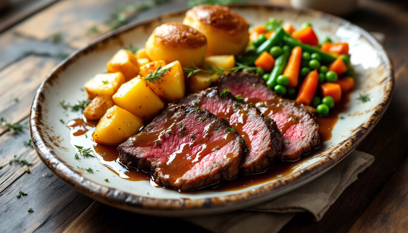 Succulent roast beef slices served with crispy potatoes and colorful mixed vegetables drizzled in savory gravy.