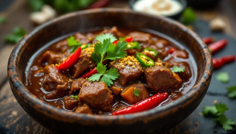 Rich beef stew with vibrant spices, fresh herbs, and red chilies showcasing a delicious homemade comfort food dish.