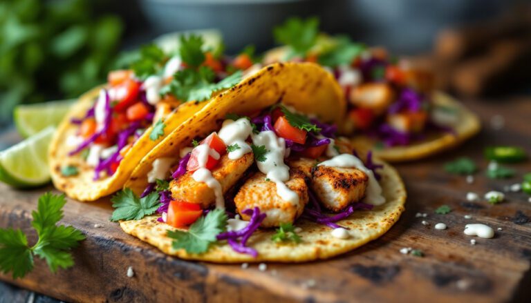 Spicy grilled fish tacos topped with fresh cabbage, tomatoes, cilantro, and creamy sauce on a wooden serving board.