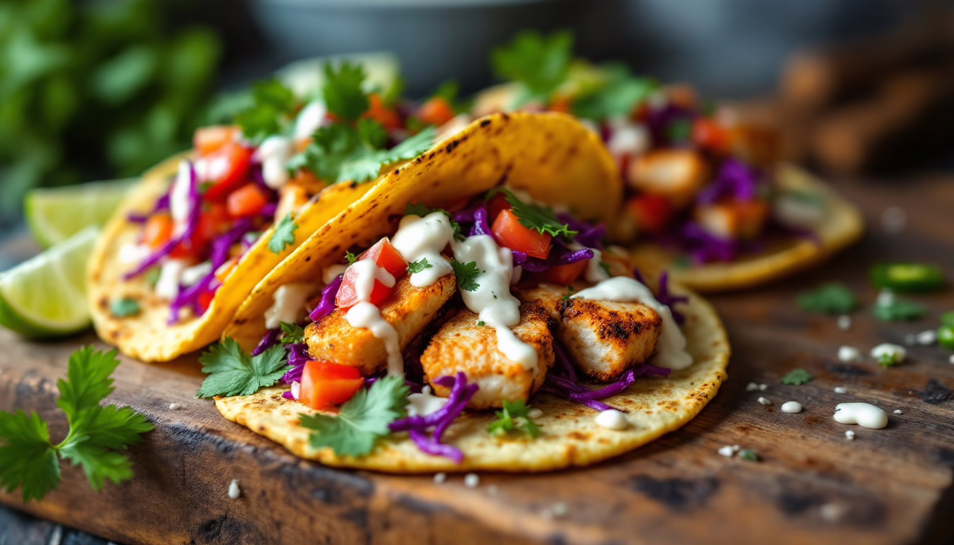 Spicy grilled fish tacos topped with fresh cabbage, tomatoes, cilantro, and creamy sauce on a wooden serving board.