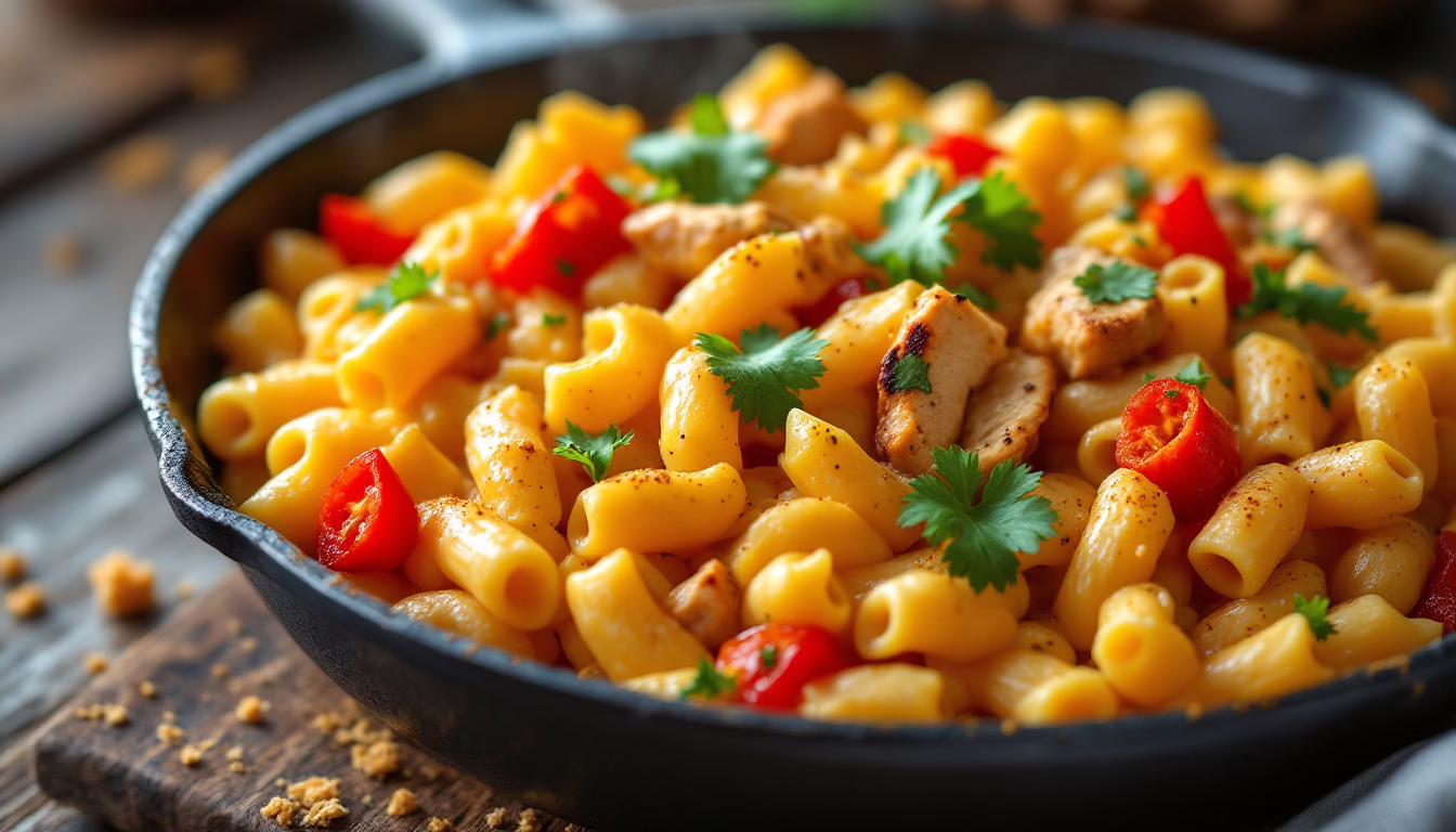 Creamy macaroni pasta dish with grilled chicken, fresh cilantro, and vibrant red peppers, served in a rustic skillet.