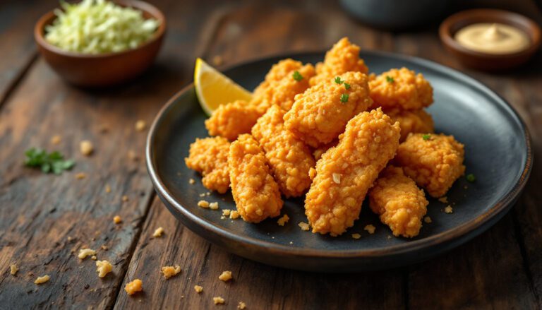 Crispy golden fried chicken tenders served with a lemon wedge and creamy dipping sauce on a rustic wooden table.