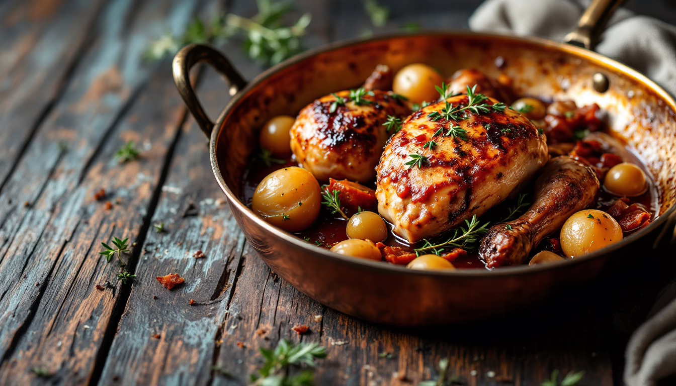Savory roasted chicken thighs with golden potatoes and fresh herbs in a rustic copper pan on a wooden table.