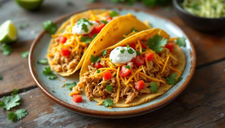 Delicious chicken tacos topped with cheddar cheese, tomatoes, and cilantro served on a rustic plate with lime wedges.
