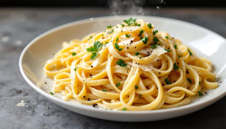 Creamy fettuccine pasta topped with fresh parsley and black pepper, steam rising from a white plate.