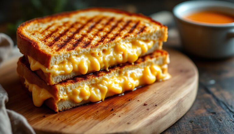 Grilled cheese sandwich stuffed with creamy macaroni and cheese, served on a wooden platter with a bowl of tomato soup.