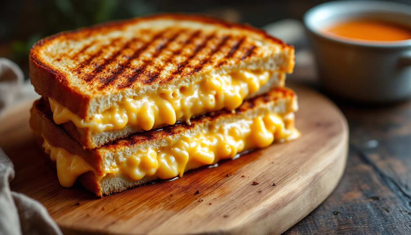 Grilled cheese sandwich stuffed with creamy macaroni and cheese, served on a wooden platter with a bowl of tomato soup.