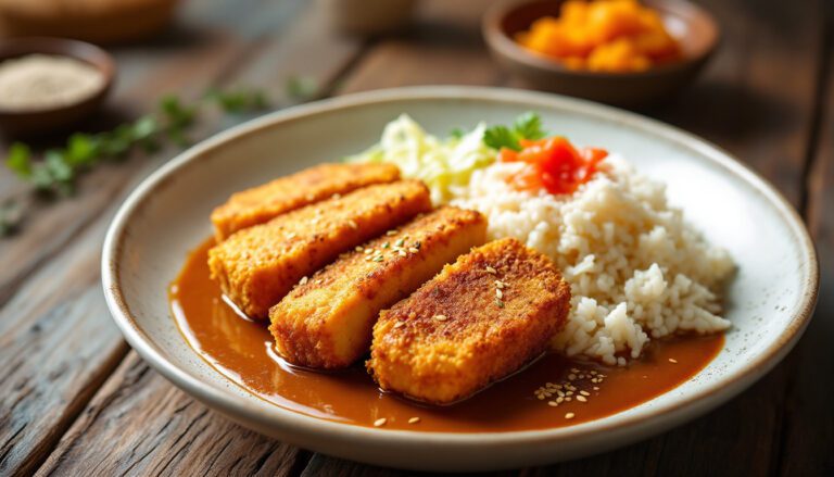 Crispy fried tofu served with rice and savory sauce, garnished with sesame seeds and fresh vegetables for a healthy meal.
