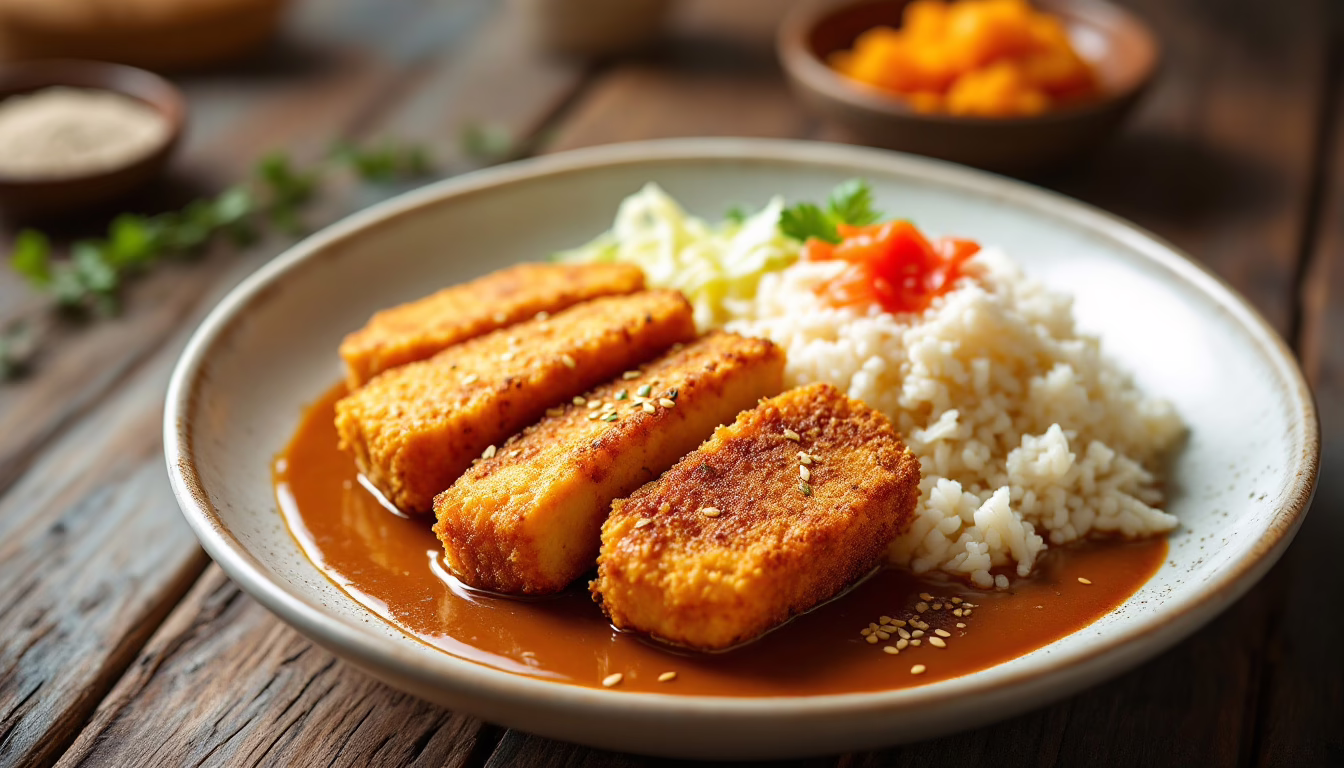 Crispy fried tofu served with rice and savory sauce, garnished with sesame seeds and fresh vegetables for a healthy meal.