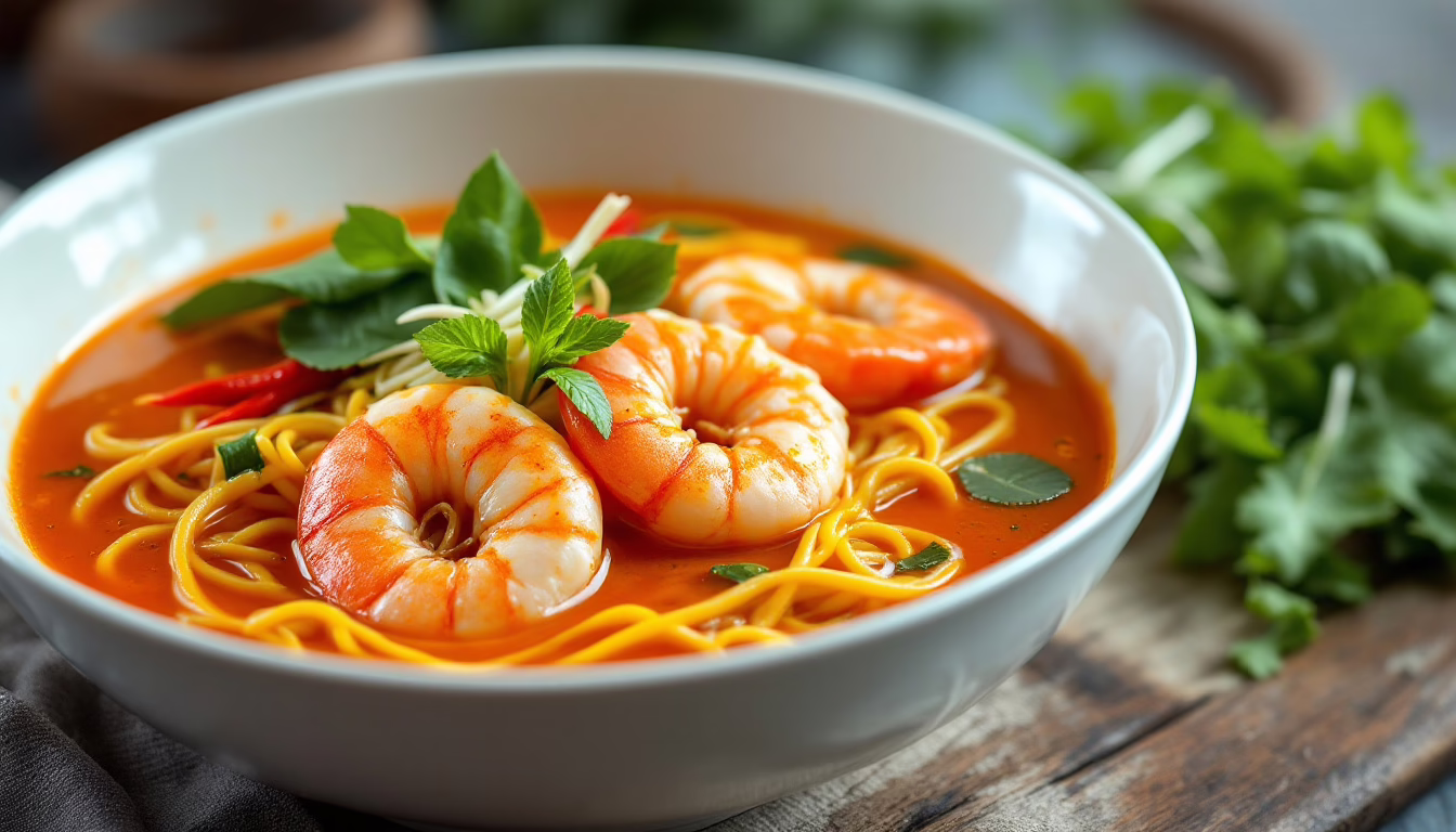 Delicious shrimp noodle soup served in a white bowl, garnished with fresh herbs and vibrant red chili for flavor.