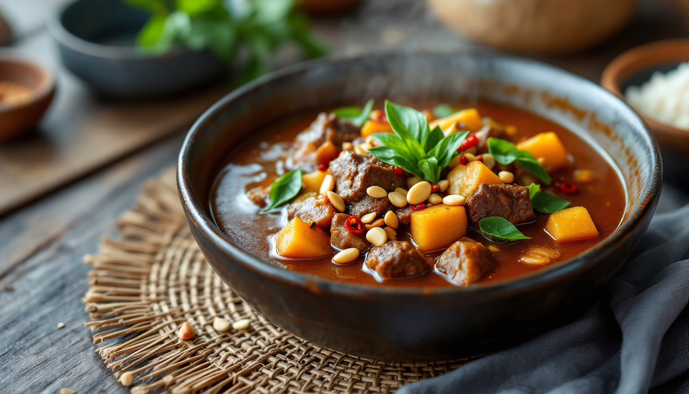 Hearty beef stew with pumpkin, garnished with basil and pine nuts, served in a rustic bowl on a woven mat.
