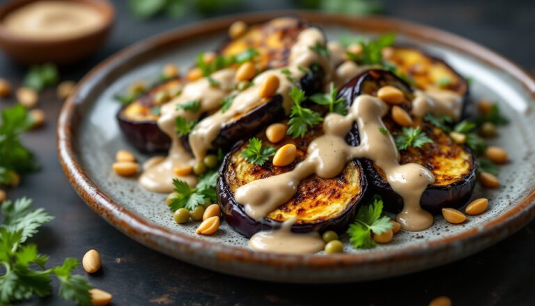 Roasted eggplant slices drizzled with tahini sauce, garnished with pine nuts and fresh cilantro on a rustic plate.