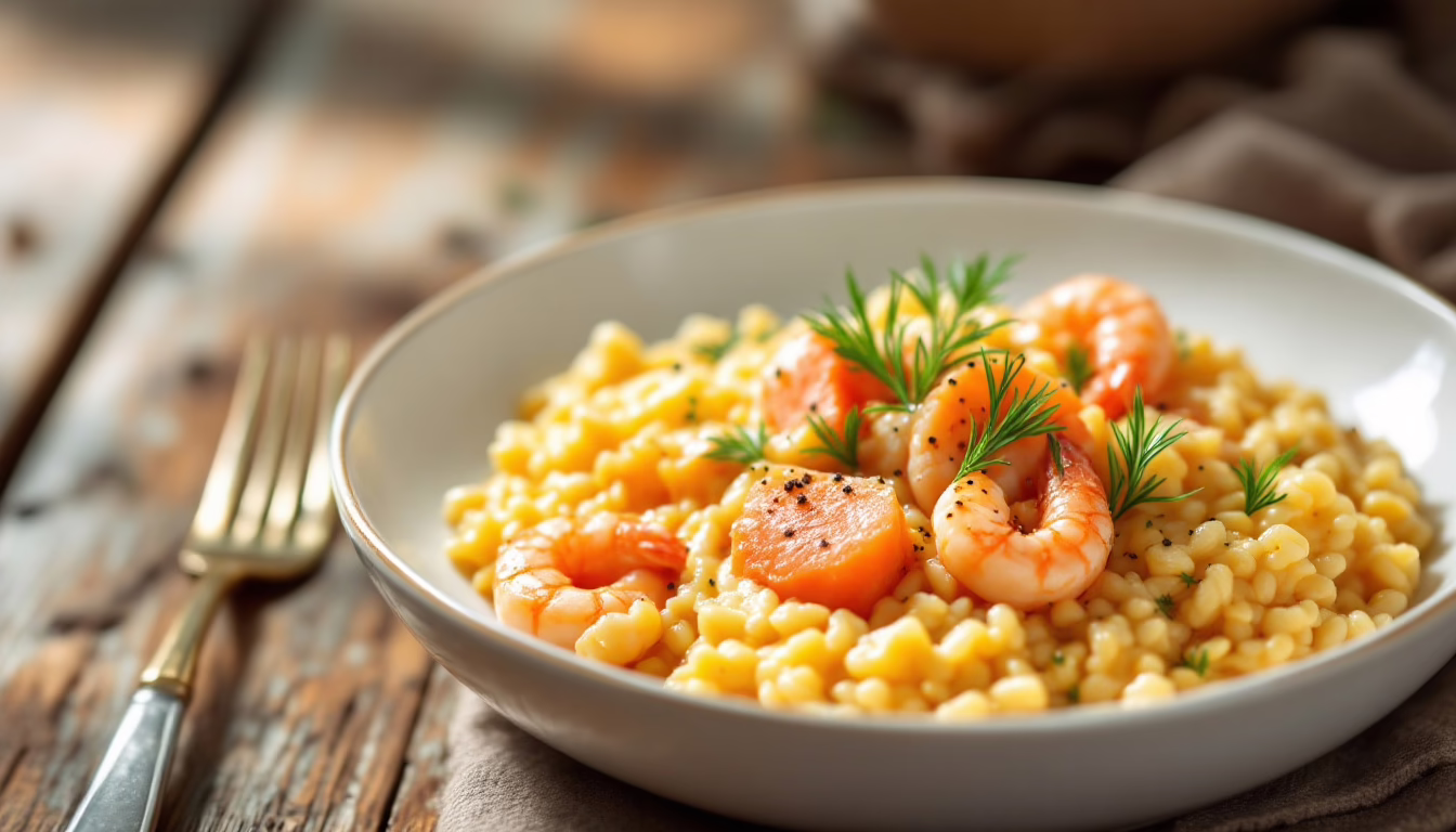 Creamy seafood risotto topped with shrimp and dill, served in a rustic bowl on a wooden table, perfect for gourmet dining.