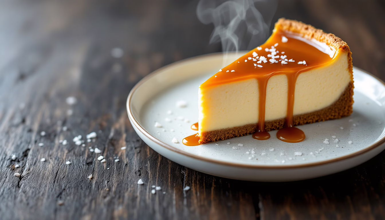 Decadent cheesecake slice topped with caramel drizzle and sea salt on a rustic wooden table, perfect for dessert lovers.