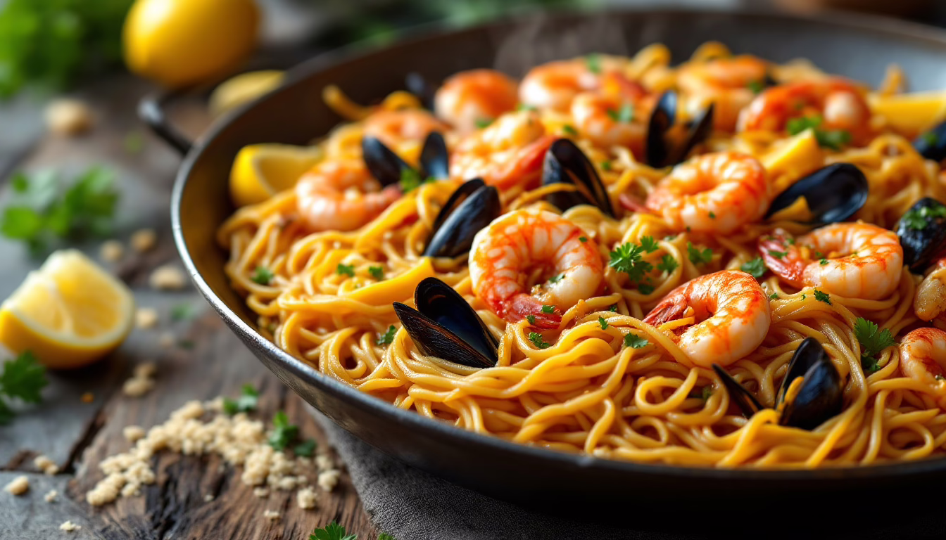 Delicious seafood pasta with shrimp and mussels, garnished with lemon and fresh parsley in a rustic serving dish.