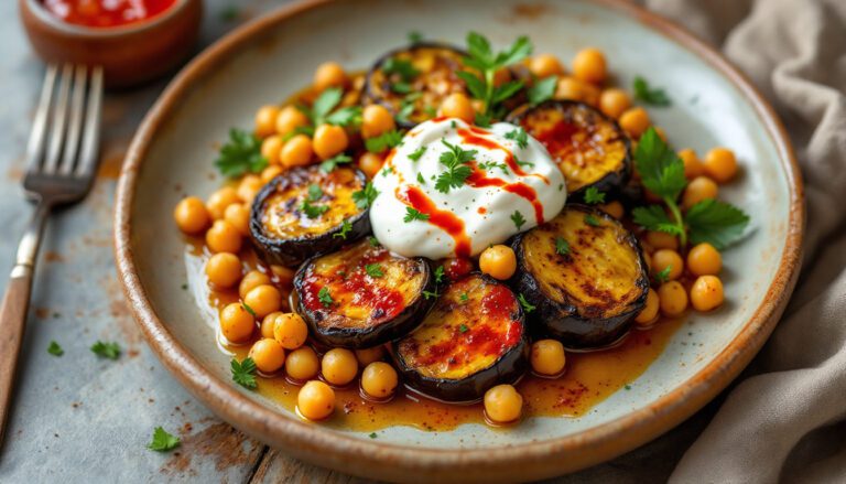 Roasted eggplant and chickpeas drizzled with yogurt sauce and spicy chili, garnished with fresh herbs for a flavorful dish.