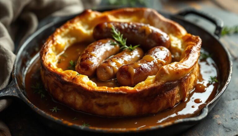 Savory sausages served in a crispy Yorkshire pudding with rich gravy, perfect for a comforting British meal.