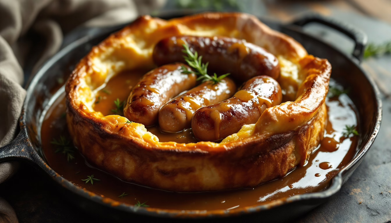 Savory sausages served in a crispy Yorkshire pudding with rich gravy, perfect for a comforting British meal.