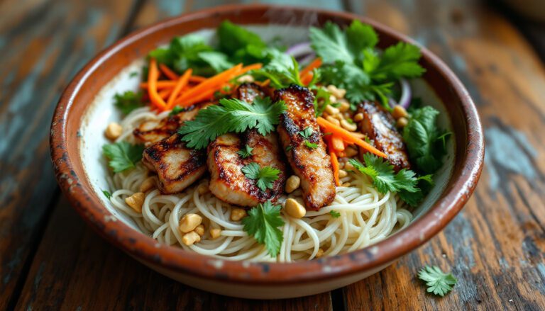 Grilled chicken sits atop a bed of noodles, garnished with fresh herbs, carrots, and peanuts for a vibrant meal.