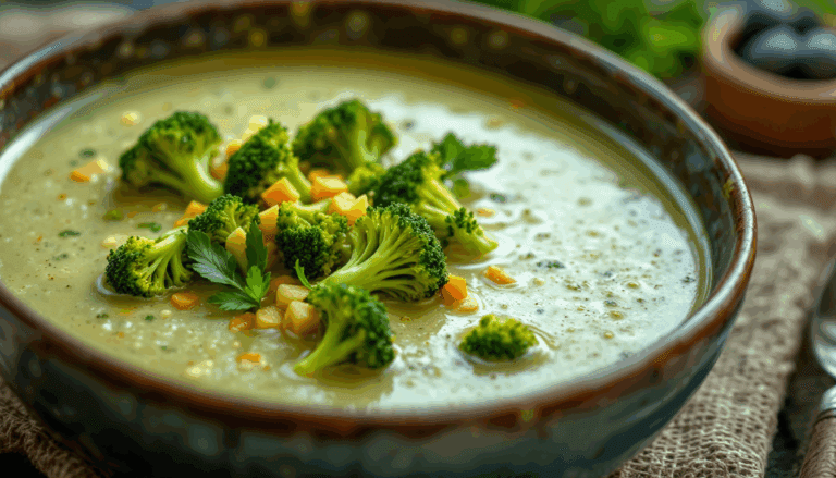 Creamy broccoli soup topped with fresh broccoli florets and diced carrots, perfect for a healthy meal option.