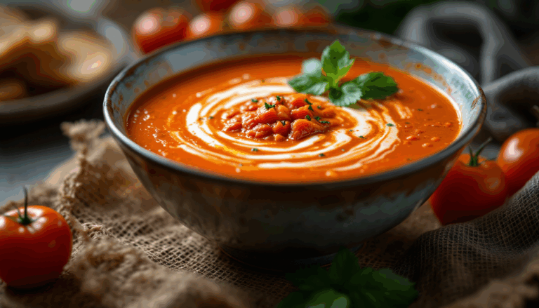 Creamy tomato soup garnished with herbs, served in a rustic bowl, perfect for cozy meals and comforting recipes.