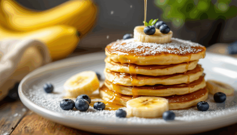 Fluffy pancakes stacked high, drizzled with syrup, topped with banana slices and blueberries, create a delicious breakfast moment.