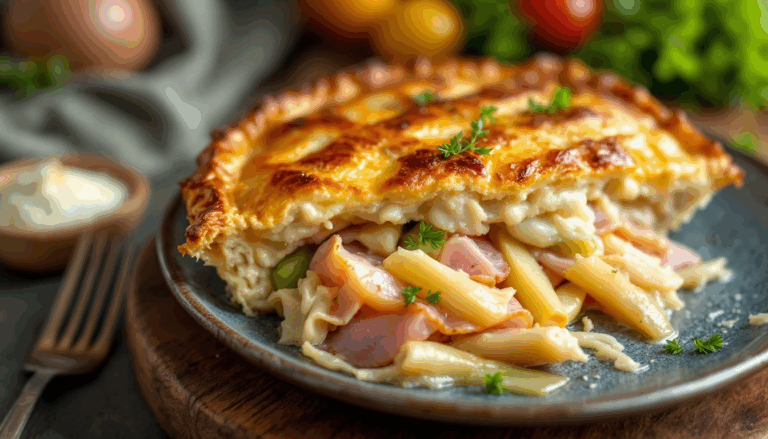 Creamy baked pasta casserole with ham and green peppers topped with golden cheese, served with a side of sour cream.