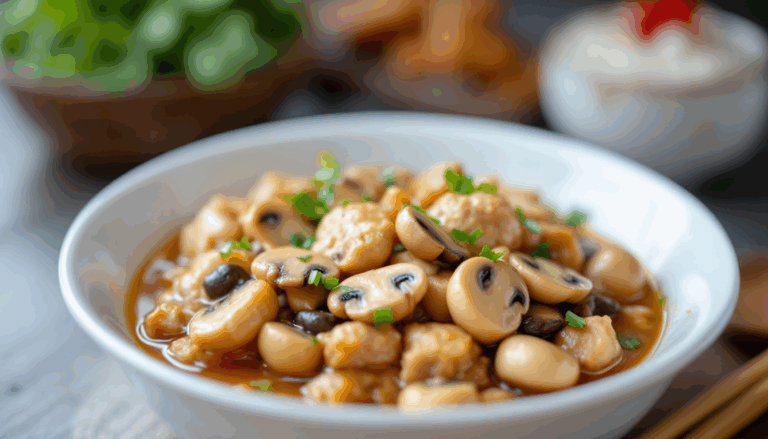 Savory Chinese-style stir-fry featuring tender soybeans, mushrooms, and fresh greens in a rich sauce, perfect for comfort dining.