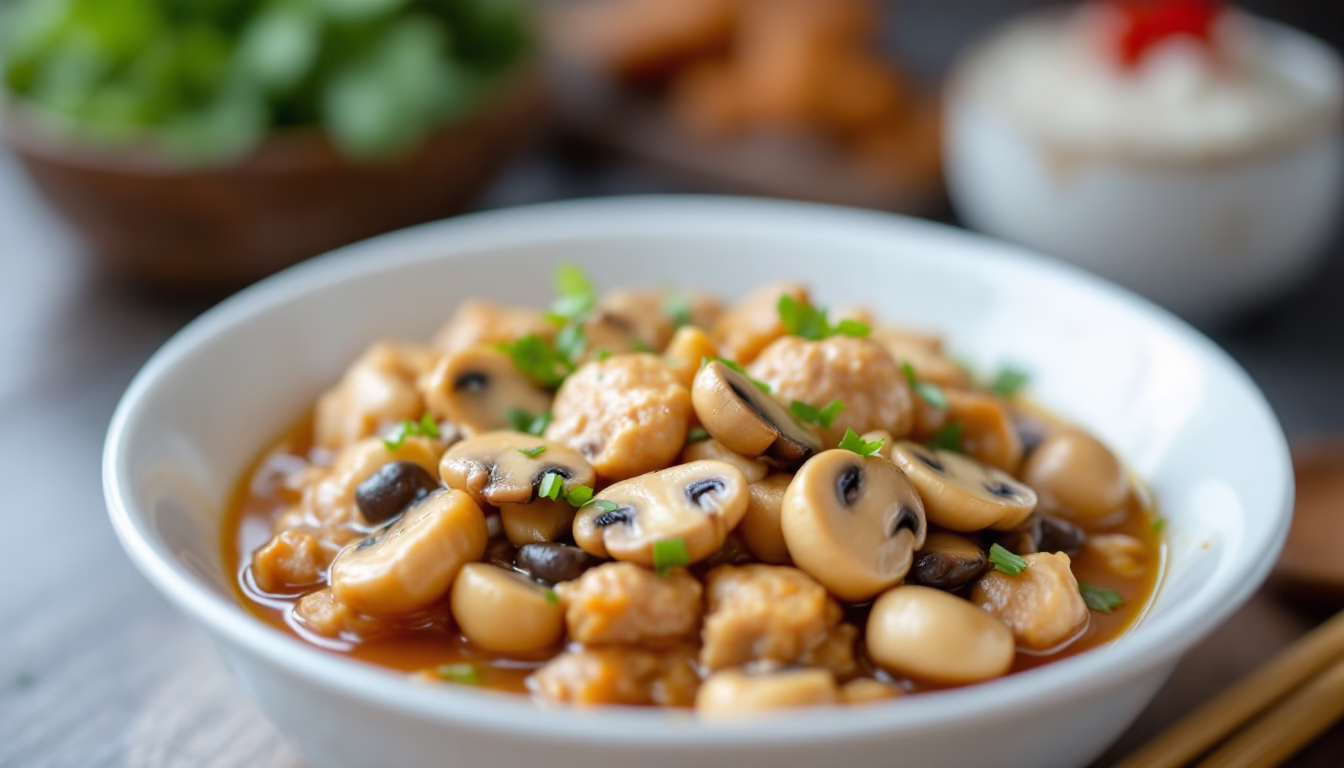 Savory Chinese-style stir-fry featuring tender soybeans, mushrooms, and fresh greens in a rich sauce, perfect for comfort dining.