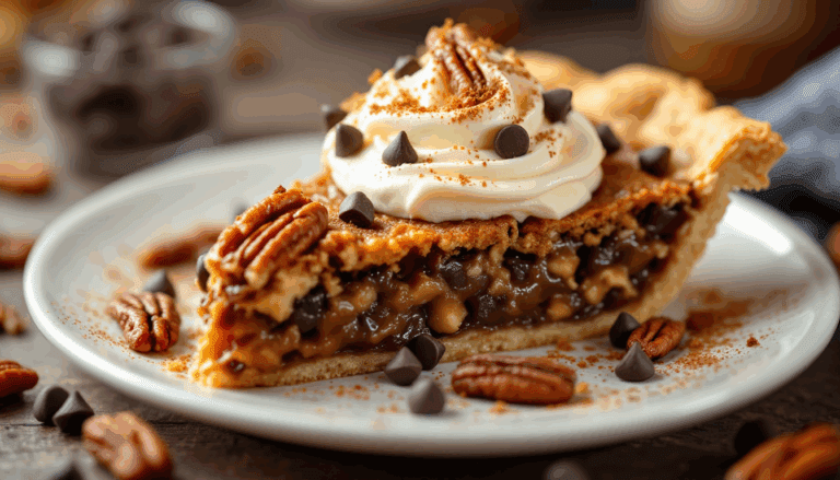 Pecan pie slice topped with whipped cream and chocolate chips, showcasing a rich, gooey filling with crunchy nuts.