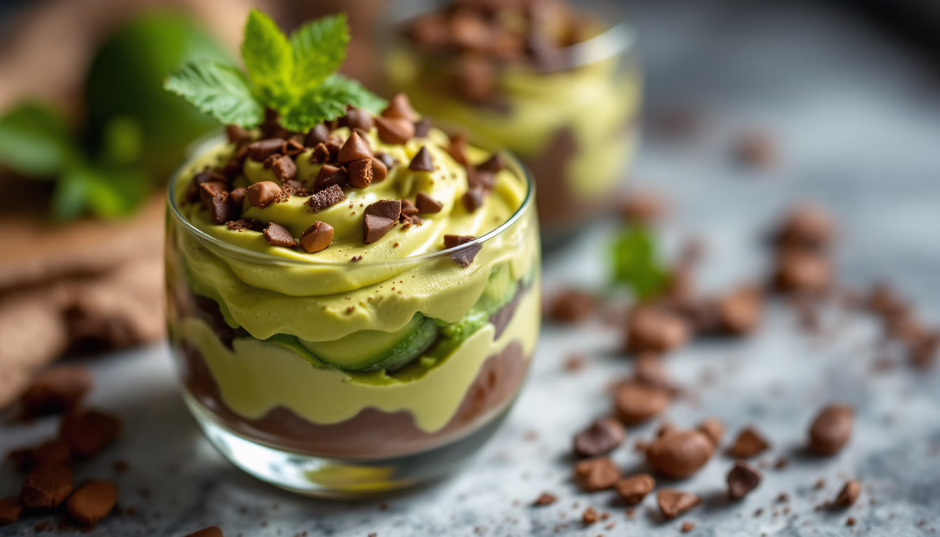 Avocado chocolate mousse layered dessert topped with chopped chocolate and mint, perfect for healthy indulgence.