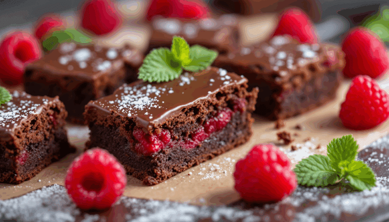 Decadent chocolate raspberry brownies topped with glossy ganache, fresh raspberries, and a dusting of powdered sugar.