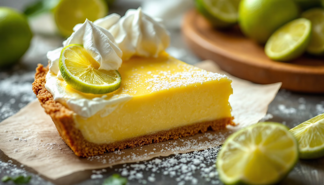 Close-up food photography of Key Lime Pie Hyper-realistic 4K photo.