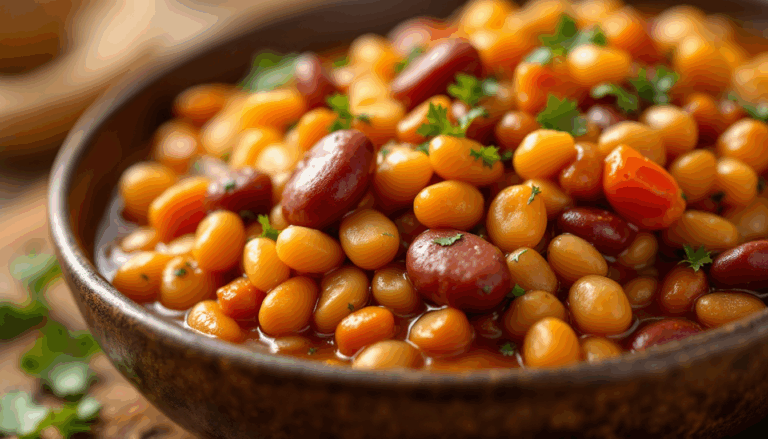 Hearty mix of colorful beans garnished with fresh herbs, perfect for a nutritious meal or side dish.