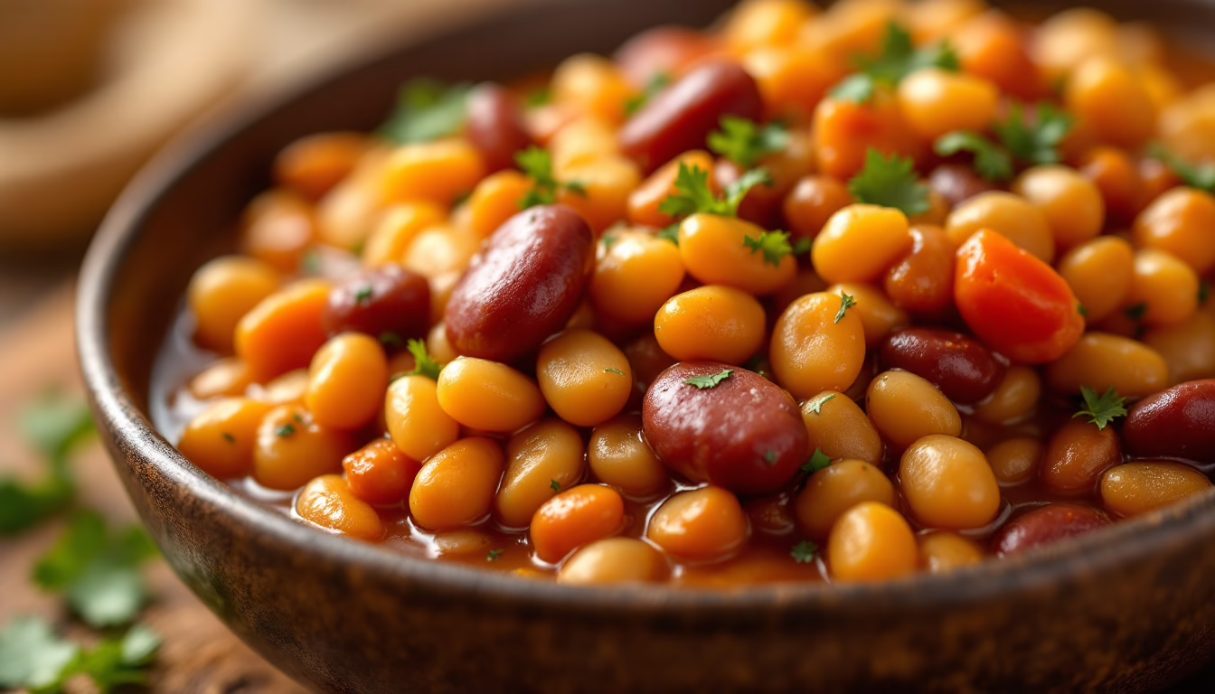 Hearty mix of colorful beans garnished with fresh herbs, perfect for a nutritious meal or side dish.