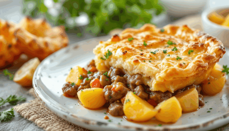 Comforting shepherd's pie topped with golden, cheesy crust served with garnished vegetables on a rustic plate.