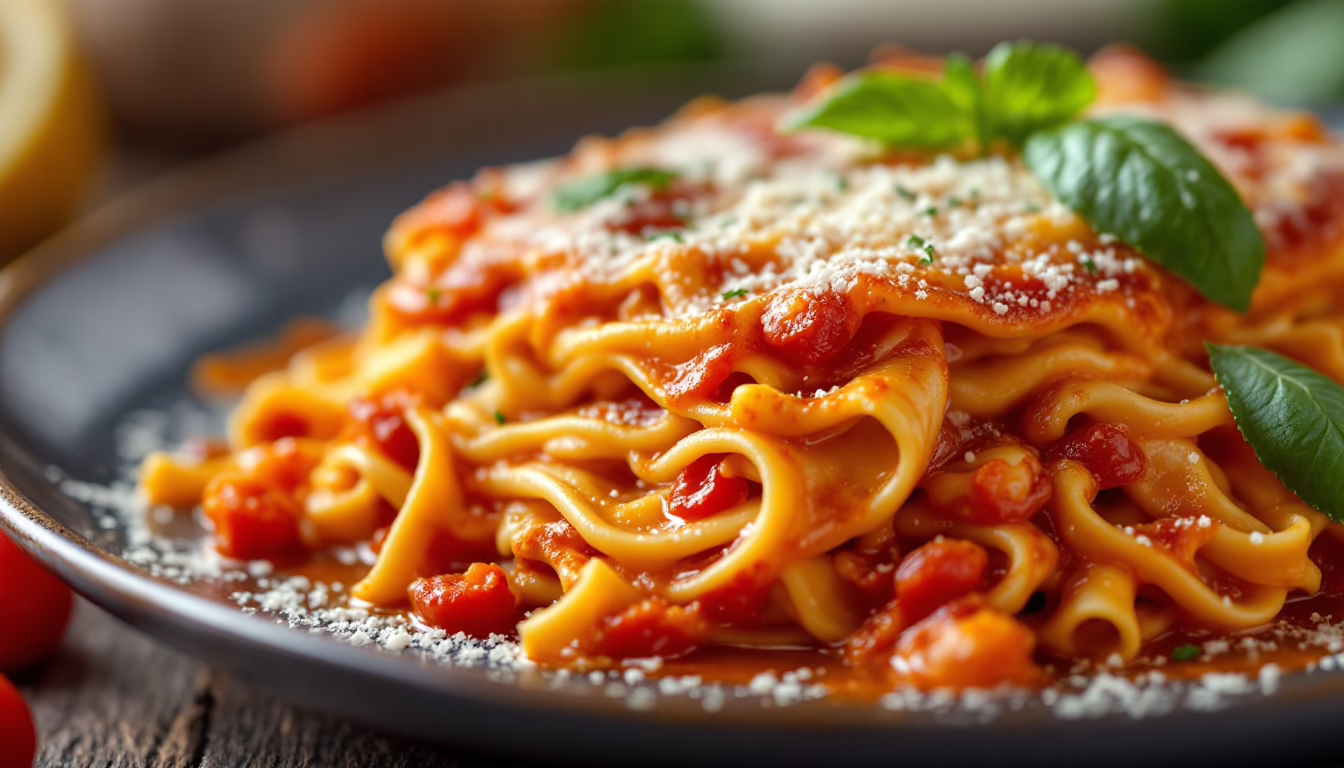 Delicious spaghetti topped with rich marinara sauce, grated cheese, and fresh basil on a rustic wooden table.