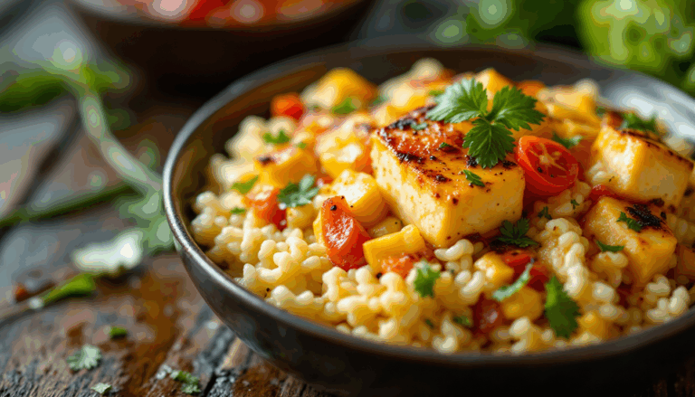 Colorful pasta with grilled tofu and fresh vegetables garnished with cilantro, perfect for a nutritious and flavorful meal.