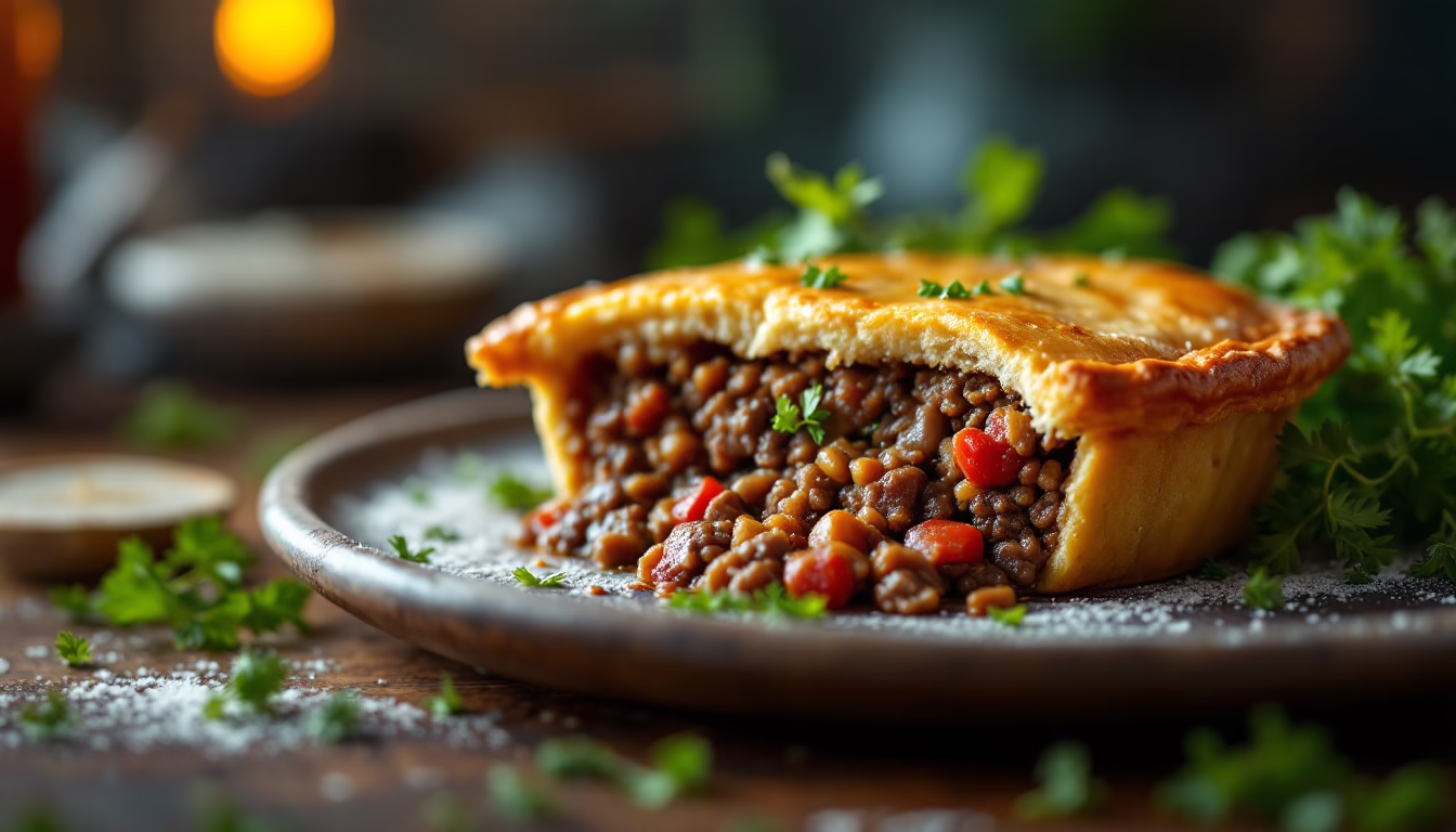 Savory lentil pie with a flaky crust and vibrant filling, garnished with fresh herbs on a rustic wooden table.