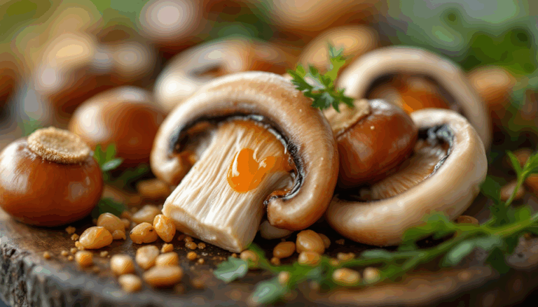 Fresh mushrooms and pine nuts arranged on a wooden board, garnished with herbs, emphasizing culinary simplicity and natural flavors.
