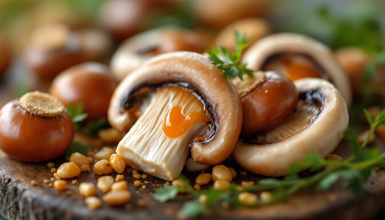Fresh mushrooms and pine nuts arranged on a wooden board, garnished with herbs, emphasizing culinary simplicity and natural flavors.