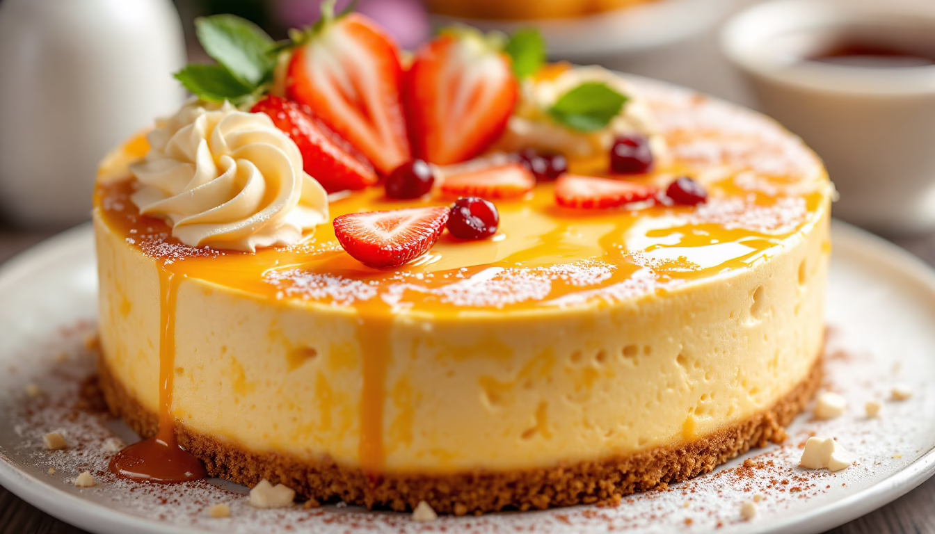 Decadent cheesecake topped with fresh strawberries, a drizzle of caramel, and whipped cream, perfect for dessert lovers.